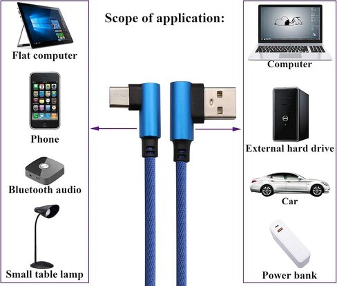 كابل 3 أقدام من النوع C 90 درجة زاوية قائمة من النوع C USB 2.0 ذكر 5 فولت/2.4 أمبير سلك مزامنة وشحن سريع مجدول من النايلون لهواوي، سامسونج، جالاكسي S9/S8، جوجل بيكسل 2/3 XL (أزرق/3 عبوات) in Saudi Arabia