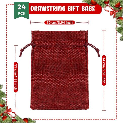 أكياس هدايا برباط لعيد الميلاد من Naler، حقيبة هدايا من الخيش لحفلات الزفاف باللون الأحمر لعيد الميلاد المجيد وتقويم الشتاء وحفلات العطلات، 24 قطعة in Kuwait