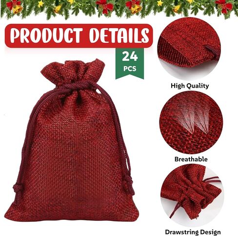 أكياس هدايا برباط لعيد الميلاد من Naler، حقيبة هدايا من الخيش لحفلات الزفاف باللون الأحمر لعيد الميلاد المجيد وتقويم الشتاء وحفلات العطلات، 24 قطعة in Kuwait