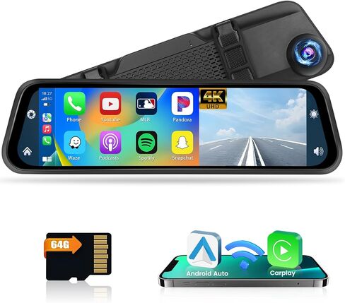 Hikity 12 Inch Mirror Dash Cam Compatible with Wireless Apple Carplay Android Auto, 4K Front Rear View Mirror Cmaera, WiFi, Mirror Link, Split Screen, FM, DVR Loop Recording, 64G TF Card, Black in Saudi Arabia