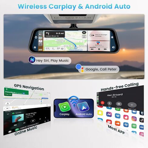 Hikity 12 Inch Mirror Dash Cam Compatible with Wireless Apple Carplay Android Auto, 4K Front Rear View Mirror Cmaera, WiFi, Mirror Link, Split Screen, FM, DVR Loop Recording, 64G TF Card, Black in Saudi Arabia