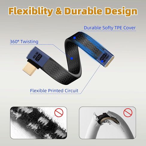 RIIEYOCA 240W Short USB C Flat Cable, 40Gbps 90 Degree Up Angle USB C to USB C FPC Flat Cable, Supports 8K@60Hz UHD Video Output, Flat Flexible Cable for Phones, Tablets, etc(14cm) in Kuwait