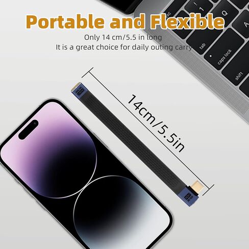 RIIEYOCA 240W Short USB C Flat Cable, 40Gbps 90 Degree Up Angle USB C to USB C FPC Flat Cable, Supports 8K@60Hz UHD Video Output, Flat Flexible Cable for Phones, Tablets, etc(14cm) in Kuwait
