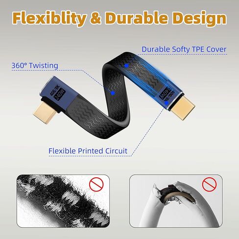 كابل مسطح USB C قصير 240 وات من RIIEYOCA، كابل مسطح USB C بزاوية 40 جيجابت في الثانية بزاوية 90 درجة إلى USB C FPC، يدعم إخراج فيديو UHD 8K@60 هرتز، كابل مرن مسطح للهواتف والأجهزة اللوحية، إلخ (14 سم) in Kuwait