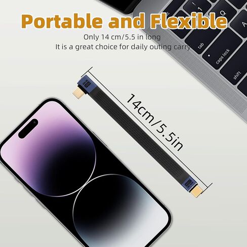 كابل مسطح USB C قصير 240 وات من RIIEYOCA، كابل مسطح USB C بزاوية 40 جيجابت في الثانية بزاوية 90 درجة إلى USB C FPC، يدعم إخراج فيديو UHD 8K@60 هرتز، كابل مرن مسطح للهواتف والأجهزة اللوحية، إلخ (14 سم) in Kuwait