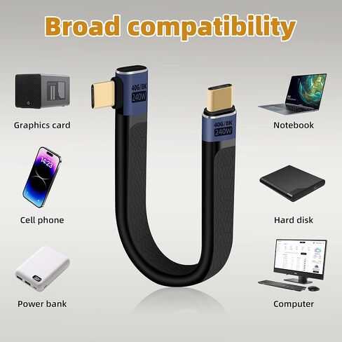 كابل مسطح USB C قصير 240 وات من RIIEYOCA، كابل مسطح USB C بزاوية 40 جيجابت في الثانية بزاوية 90 درجة إلى USB C FPC، يدعم إخراج فيديو UHD 8K@60 هرتز، كابل مرن مسطح للهواتف والأجهزة اللوحية، إلخ (14 سم) in Kuwait