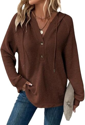 SOLY HUX Women's Oversized Sweatshirts Waffle Knit Hoodies Trendy Casual V Neck Button Pullover Hooded Tops in Saudi Arabia