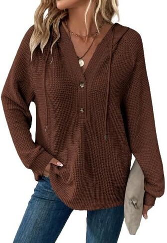 SOLY HUX Women's Oversized Sweatshirts Waffle Knit Hoodies Trendy Casual V Neck Button Pullover Hooded Tops in Saudi Arabia