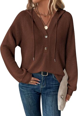 SOLY HUX Women's Oversized Sweatshirts Waffle Knit Hoodies Trendy Casual V Neck Button Pullover Hooded Tops in Saudi Arabia