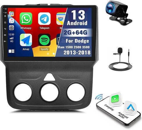 2+64G Android 13 ستيريو سيارة لدودج رام 1500 2500 3500 2013-2018 بلوتوث لاسلكي Apple Carplay Android Auto Mirror Link، شاشة لمس 9 بوصات مع ملاحة GPS، FM/RDS، WiFi، SWC+ كاميرا احتياطية وميكروفون in Kuwait