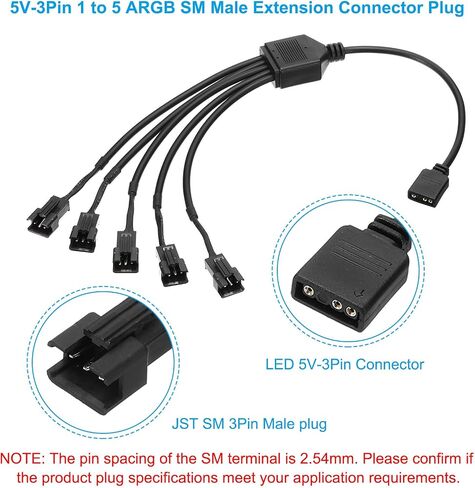 PATIKIL 5V 3 Pin Splitter Cable, PWM Fans RGB Power Cord with 1 to 5 ARGB SM Male Extension Connector Plug for Computer Chassis Motherboard, Black in Saudi Arabia