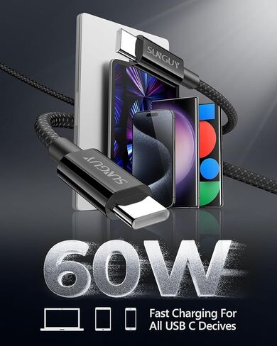 كابل SUNGUY 60 وات USB C إلى USB C بطول 3.3 أقدام، [عبوة من قطعتين] كابل شحن سريع USBC إلى USBC مجدول 3.1 أمبير، متوافق مع iPhone 15/15 Pro/15 Pro Max وGalaxy S24/S23/S22 وMacBook - أسود + أبيض in Kuwait