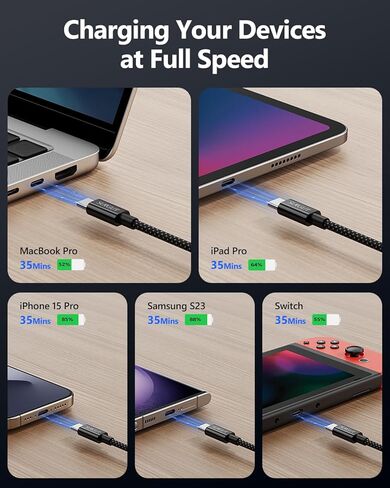 كابل SUNGUY 60 وات USB C إلى USB C بطول 3.3 أقدام، [عبوة من قطعتين] كابل شحن سريع USBC إلى USBC مجدول 3.1 أمبير، متوافق مع iPhone 15/15 Pro/15 Pro Max وGalaxy S24/S23/S22 وMacBook - أسود + أبيض in Kuwait