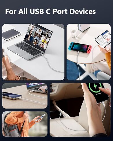 كابل SUNGUY 60 وات USB C إلى USB C بطول 3.3 أقدام، [عبوة من قطعتين] كابل شحن سريع USBC إلى USBC مجدول 3.1 أمبير، متوافق مع iPhone 15/15 Pro/15 Pro Max وGalaxy S24/S23/S22 وMacBook - أسود + أبيض in Kuwait