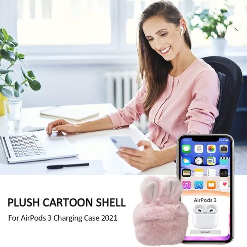 Cute Plush Rabbit Ears Airpods 3 Case 2021, Fluffy Soft Shockproof Anti-Fall Protective Case Cover for AirPods 3rd Generation (Grey) in Saudi Arabia