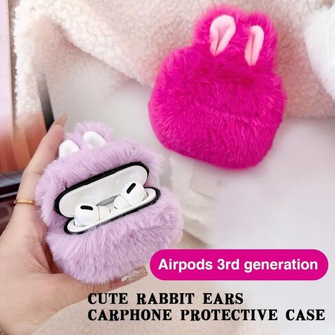 Cute Plush Rabbit Ears Airpods 3 Case 2021, Fluffy Soft Shockproof Anti-Fall Protective Case Cover for AirPods 3rd Generation (Grey) in Saudi Arabia