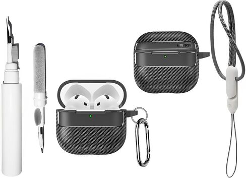 SKPY Rugged Armor Case Compatible with AirPods 4/ANC, Carbon Fiber Drop Protection Cover (2024) with Cleaning Pen Carabiner Key Chain and Lanyard for Man Woman in Saudi Arabia