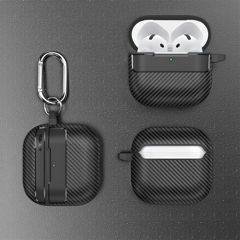 SKPY Rugged Armor Case Compatible with AirPods 4/ANC, Carbon Fiber Drop Protection Cover (2024) with Cleaning Pen Carabiner Key Chain and Lanyard for Man Woman in Saudi Arabia