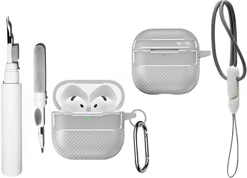 SKPY Rugged Armor Case Compatible with AirPods 4/ANC, Carbon Fiber Drop Protection Cover (2024) with Cleaning Pen Carabiner Key Chain and Lanyard for Man Woman in Saudi Arabia
