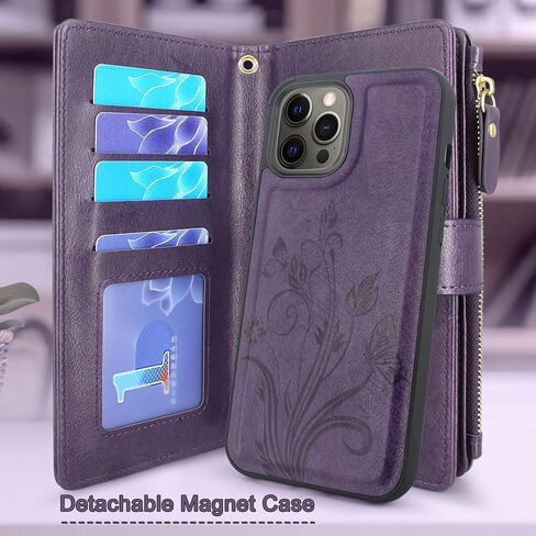 Lacass متوافق مع حافظة iPhone 12 Pro Max [12 فتحة للبطاقات] حامل للنقود وبطاقة الهوية وجيب بسحاب وجيب مغناطيسي قابل للفصل وغطاء محفظة جلدية وحزام معصم وحقيبة حمل (زهري أزرق أخضر) in Saudi Arabia