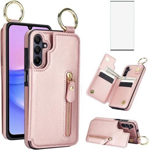 Asuwish Phone Case for Samsung Galaxy A15 5G/4G Wallet with Tempered Glass Screen Protector Cover and Cell Accessories Stand Zipper Cash Card Holder Slot Ring Protective A 15 G5 15A Women Men Purple in Saudi Arabia