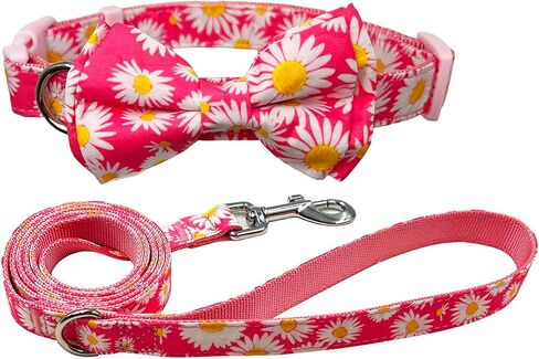 Bowtie Dog Collar and Leash Set, Nylon Webbing with Leopard Ribbon, 5ft Matching Leash, for Medium Dogs.(M, Leopard) in Saudi Arabia
