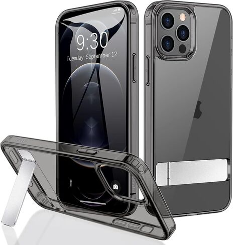 حافظة JETech لهاتف iPhone 12 Pro Max مقاس 6.7 بوصة مع حامل، تدعم الشحن اللاسلكي، غطاء هاتف نحيف مقاوم للصدمات، مسند معدني ثلاثي الاتجاهات (شفاف) in Saudi Arabia