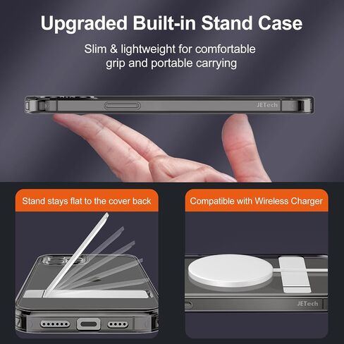 حافظة JETech لهاتف iPhone 12 Pro Max مقاس 6.7 بوصة مع حامل، تدعم الشحن اللاسلكي، غطاء هاتف نحيف مقاوم للصدمات، مسند معدني ثلاثي الاتجاهات (شفاف) in Saudi Arabia