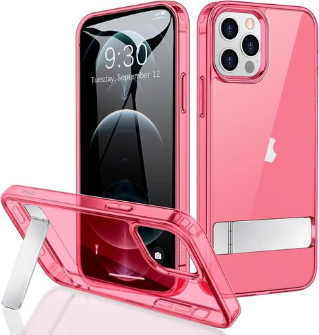 حافظة JETech لهاتف iPhone 12 Pro Max مقاس 6.7 بوصة مع حامل، تدعم الشحن اللاسلكي، غطاء هاتف نحيف مقاوم للصدمات، مسند معدني ثلاثي الاتجاهات (شفاف) in Saudi Arabia