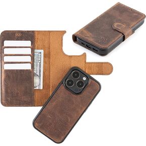 Case for iPhone 13 with MagSafe Compatibility, Genuine Leather Wallet Case for iPhone 13 with Card Holder, Detachable Magnetic Flip Cover, RFID Blocking, Black