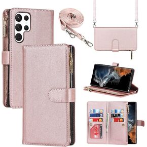 Galaxy S22 Ultra Case, Wallet Case 9 Card Holder 1 Zipper Coin Wallet 2 Cash Slot Lanyard Flip Leather Cover Compatible with Galaxy S22 Ultra Wine Red