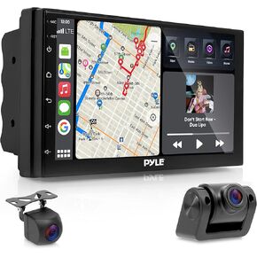 Pyle Double DIN Car Stereo Receiver - 7'' 1080P HD Touch Screen Bluetooth Car Radio Audio Receiver Multimedia Player - WiFi/GPS/AM/FM, Carplay, Android Auto, Front/Rear DVR Camera, Dual USB