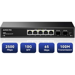 10 Port 2.5Gb Unmanaged Ethernet Switch with 8* 2.5G Base-T Ports, 2*10G SFP Ports, AUMOX PRO 80 Gbps Vlan Switching Capacity Compatible with 100/1000/2500Mbps for Wireless AP, NAS, PC Plug and Play