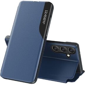 Compatible with Samsung Galaxy A55 5G Case, Clear Smart View Window Case + Flip PU Leather Stand Cover for Women Men Drop Shockproof Protective Cover for Samsung Galaxy A55 5G Blue QH3