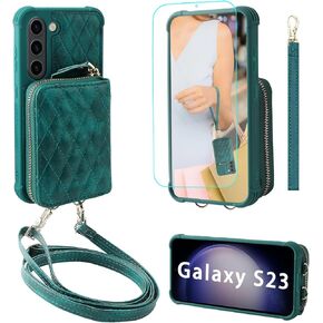 MONASAY Zipper Wallet Case Fit for Galaxy S23, 6.1in [RFID Blocking] Flip Leather Handbag Phone Cover with Card Holder& Crossbody Shoulder Lanyard Strap, Dark Blue