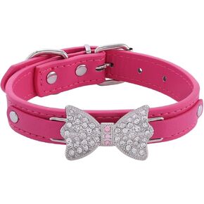 Campsis Diamond Bow Dog Collar Hot Pink Bling Leather Dog Collars with Rhinestone Bow Tie Puppy Collar Adjustable for Small Medium Large Dogs (M:10.2-13.47inch)