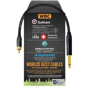 WORLDS BEST CABLES 0.5 Foot – TS to RCA Cable – Gotham GAC-1 Ultra Pro Low- Capacitance Instrument Cable & Neutrik NP2X-B & Amphenol ACPL-CBK Gold Plugs - Custom Made
