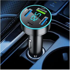 Car Charger,4-in-1 Super Fast Car Charger Adapter with Voltmeter & Blue LED,Universal PD+QC3.0+USB C Ports Car Cigarette Lighter USB Charger Compatible with iPhone Android (QC3.0+Type-C+PD+2.4A)