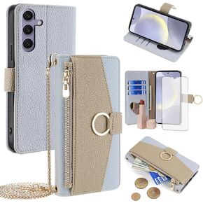 Asuwish Phone Case for Samsung Galaxy S24 Plus S24+ 5G Wallet Cover with Screen Protector and Mirror Flip Cover Ring Card Holder Crossbody Strap Stand Cell S24plus 24S + S 24 24+ Women Girls Green