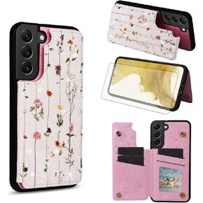 Asuwish Phone Case for Samsung Galaxy S22 Plus S22+ 5G Wallet Cell Cover with Tempered Glass Screen Protector Flower Card Holder Slot Stand S22+5G S22plus 22S + S 22 22+ Women Girls Blossoming Flowers