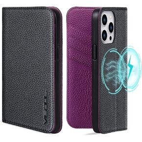 VISOUL Pebbled Genuine Leather Case for iPhone 15 Pro Max Wallet Case with Card Holder, Magnetic Flip Folio Cover with Kickstand for iPhone 15 Pro Max (6.7 inch) (Black+Green)
