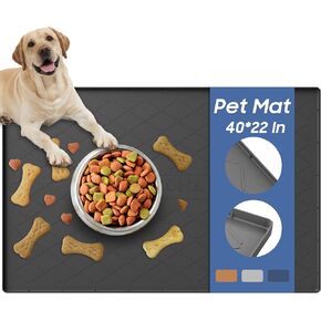 Large Dog Food Mat, 40" x 22" Waterproof Dog Cat Mat with Raised Edges, Silicone Pet Mat, Protects Floors, Easy to Clean