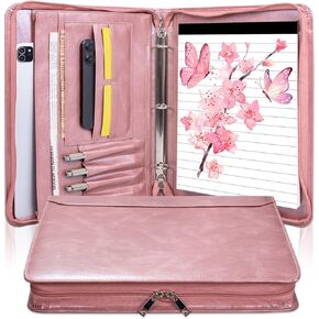 Rosegold Vegan Leather Portfolio Zippered 3 Ring Binder, Business Resume Professional Portfolio for Women, A4 Legal Pad Holder, Business & Travel Organizer,Gift for Women/Girls