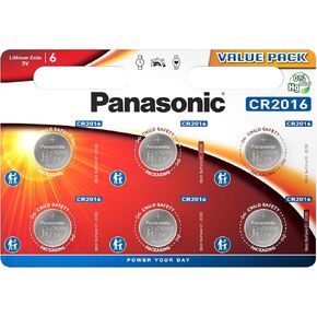 Panasonic CR2016 Non-Rechargeable Battery (Lithium, Stainless Steel) Pack of 6