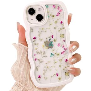 NITITOP Compatible for iPhone 13/ iPhone 14 Case Cute Curly Wave Wavy Frame Shape Shockproof Soft TPU 2 in 1 Flower Floral Phone Cover for Women Girl-Strawberry