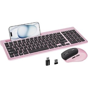 Wireless Keyboard and Mouse, Ergonomic Keyboard Mouse with Phone Holder, 2.4GHz Cordless Keyboard Mouse for Mac, Windows, PC, Laptop （Pink）