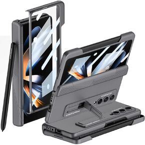 Miimall Compatible for Samsung Z Fold 4 Case with Pen Holder on The Edge+Hinged Magnetic+Built-in Tempered Glass Screen Protector+Kickstand Cover Cases for Samsung Galaxy Z Fold 4 Black