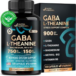 GABA Supplements - Natural Calm, Sleep, Relaxation & Stress Relief Support - Gamma AminoButyric Acid Powered with L-Theanine - Made in USA - 750 mg GABA, 150 mg L Theanine - 120 Vegan Caps