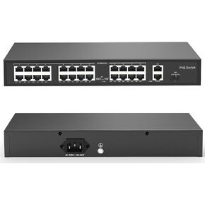 24 Ports 120W(AC100-240V) Ethernet PoE Switch, 2X Uplink Gigabit RJ45 Ports, Support 4K 8MP 5MP PoE IP Security Cameras, 802.3af/at Compliant, Metal Plug and Play, Lightning Protection, LY-POE24