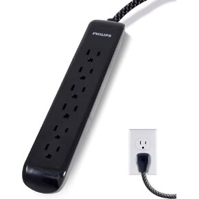 Philips 7-Outlet Adapter Spaced Surge Protector, 4ft Braided Cord, Power Strip with USB Charging, for Home School and Office, 1USB-A, 1USB-C, 1500J, Black, SPP9643B/37